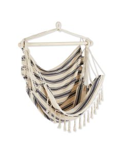 BLUE AND CREAM TICKING STRIPE HAMMOCK CHAIR WITH FRINGE TRIM